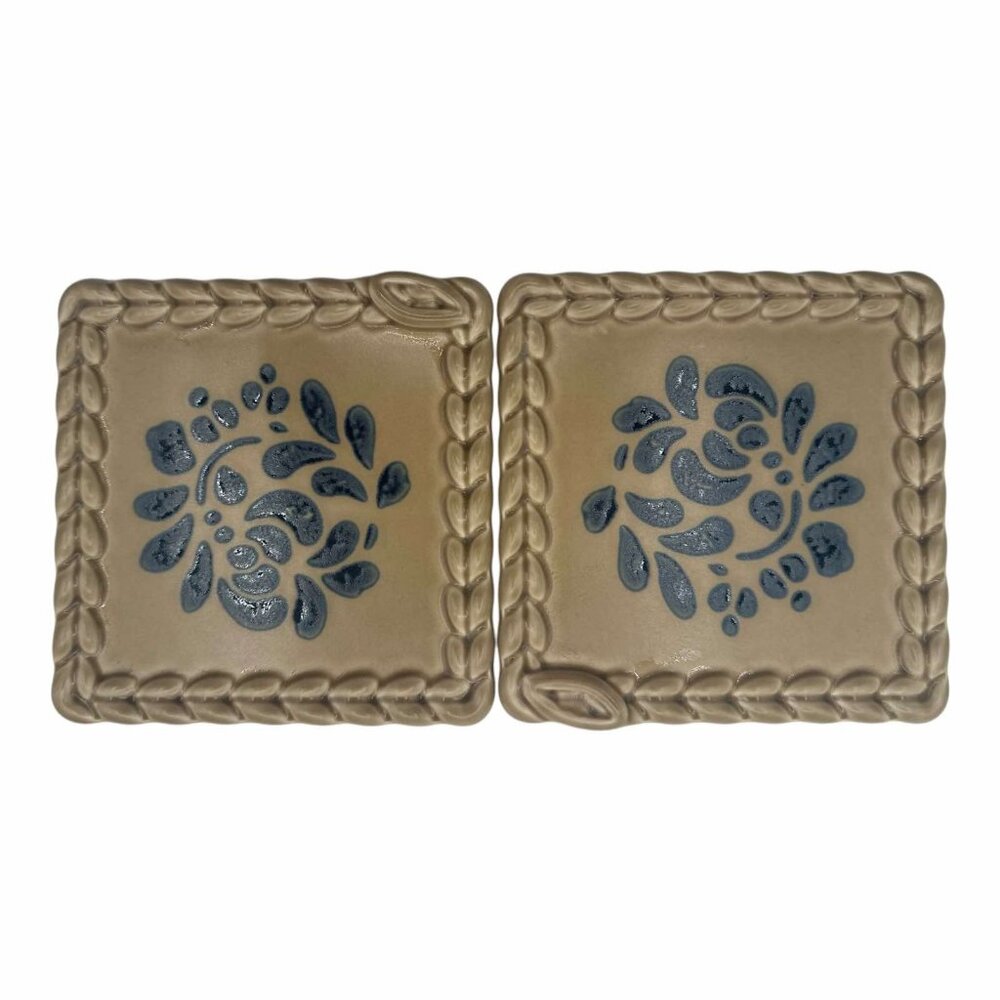 VTG Pfaltzgraff Stoneware Square Trinket Dishes With Blue Floral Design Set Of 2